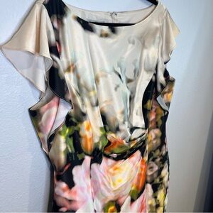 Kay Unger NY Cowl Neck Dress Size 18 Women's Floral Print Front Pleating Party